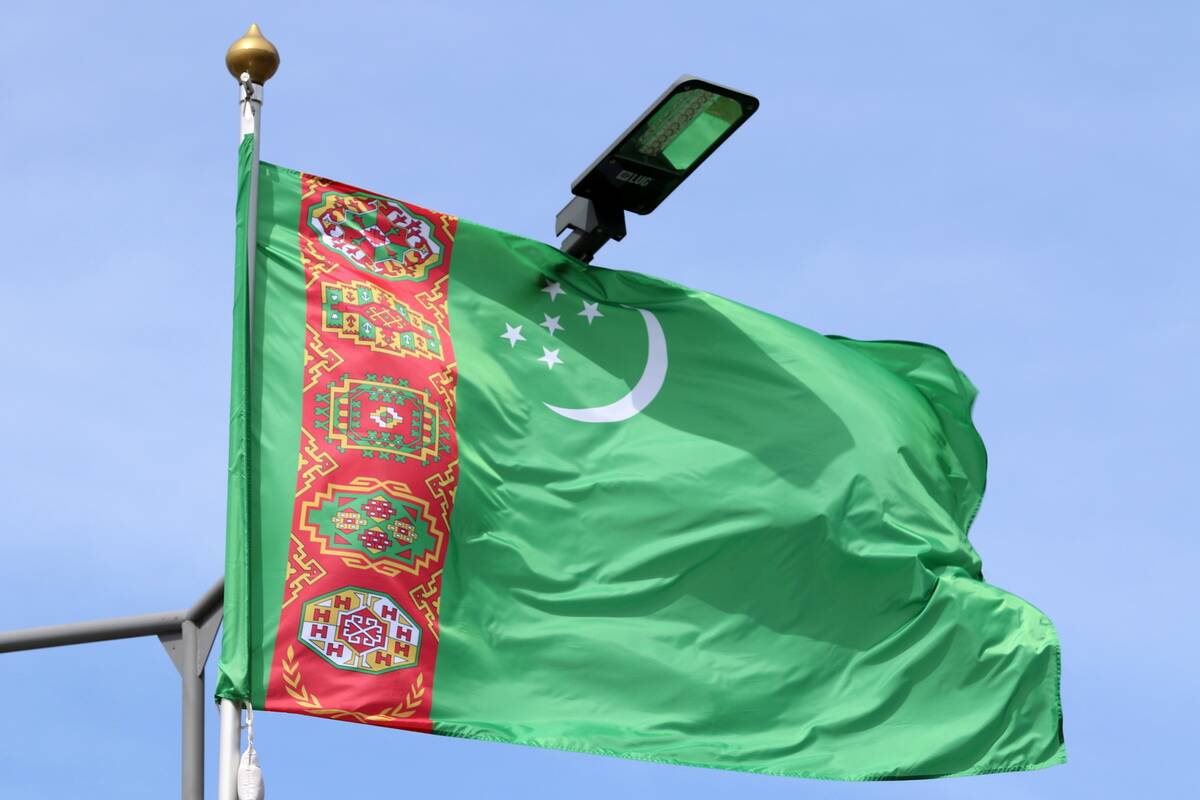 The Turkmenistan national flag flutters in the wind on a...
