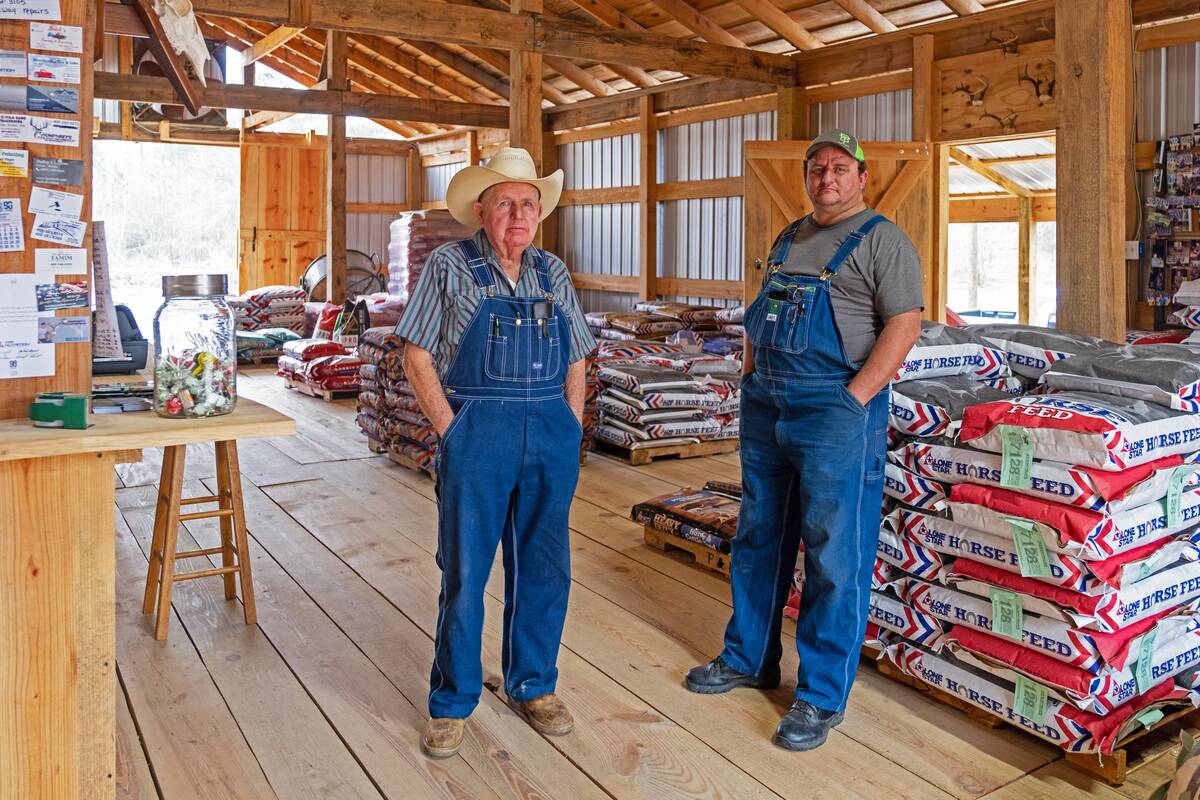 Two Texan farmers wearing dungarees