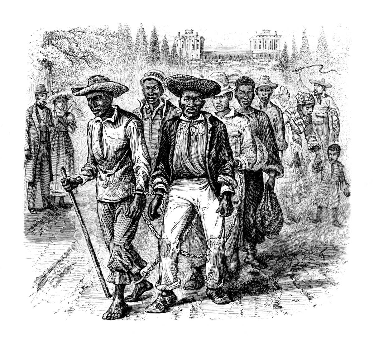 USA: Engraving of handcuffed and shackled slaves passing the US Capitol, Washington, c. 1819