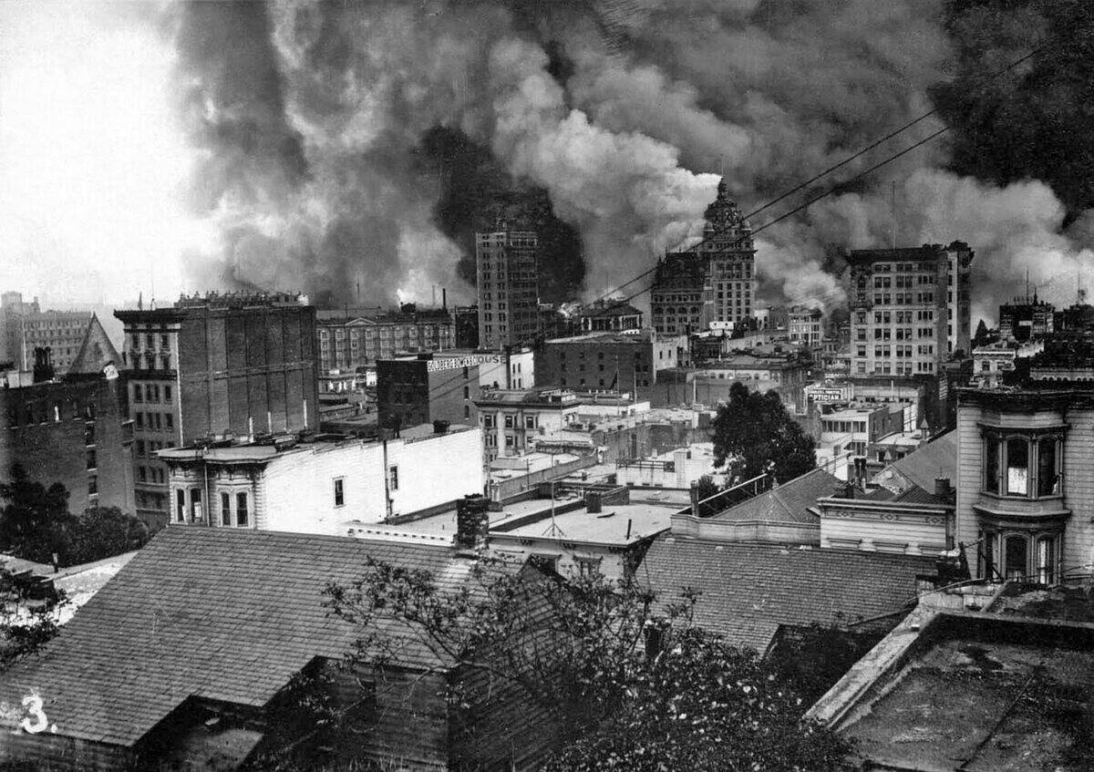 View from southeast slope of Nob Hill of fires burning, south of Market district following the San Francisco earthquake of 1906.