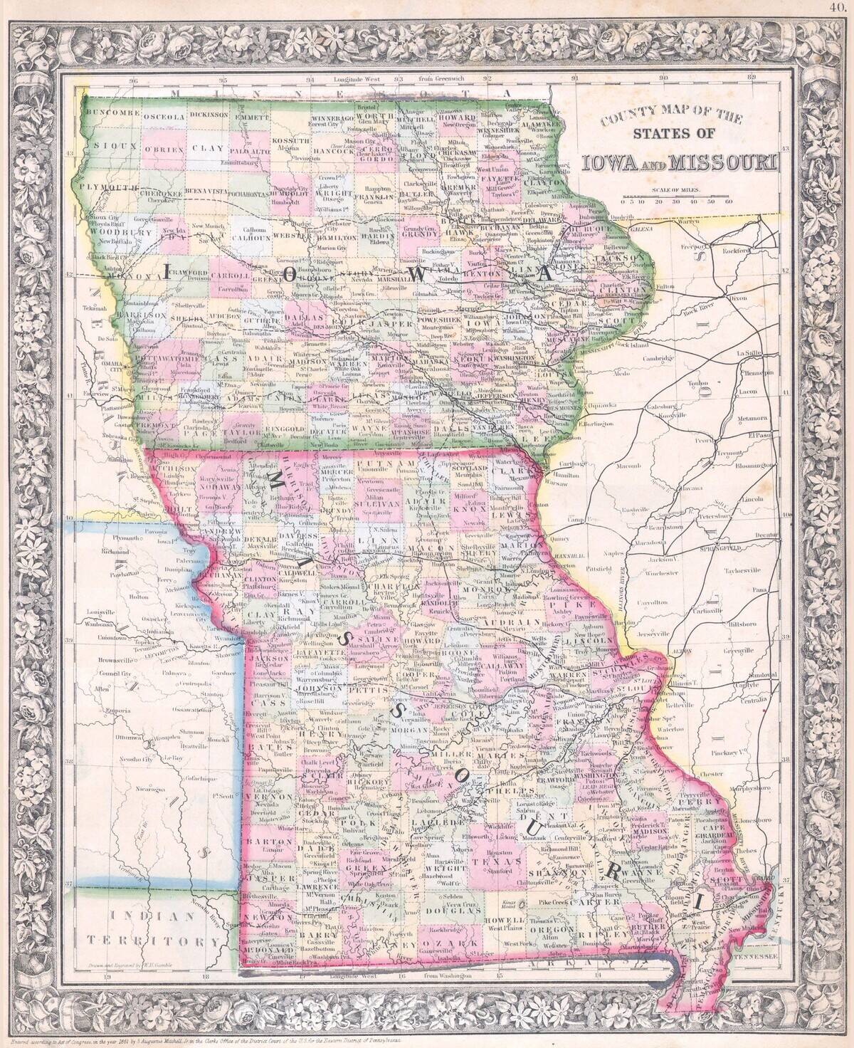 1864, Mitchell Map of Iowa and Missouri