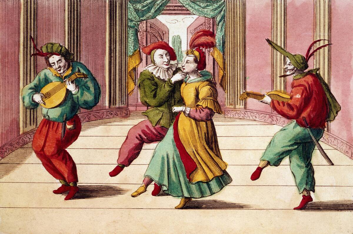 18th-Century Engraving of Commedia dell'arte Actors on Stage