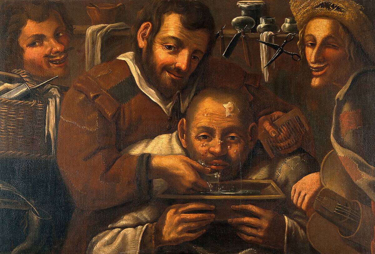 A Barber-Surgeon Attending To A Mans Forehead