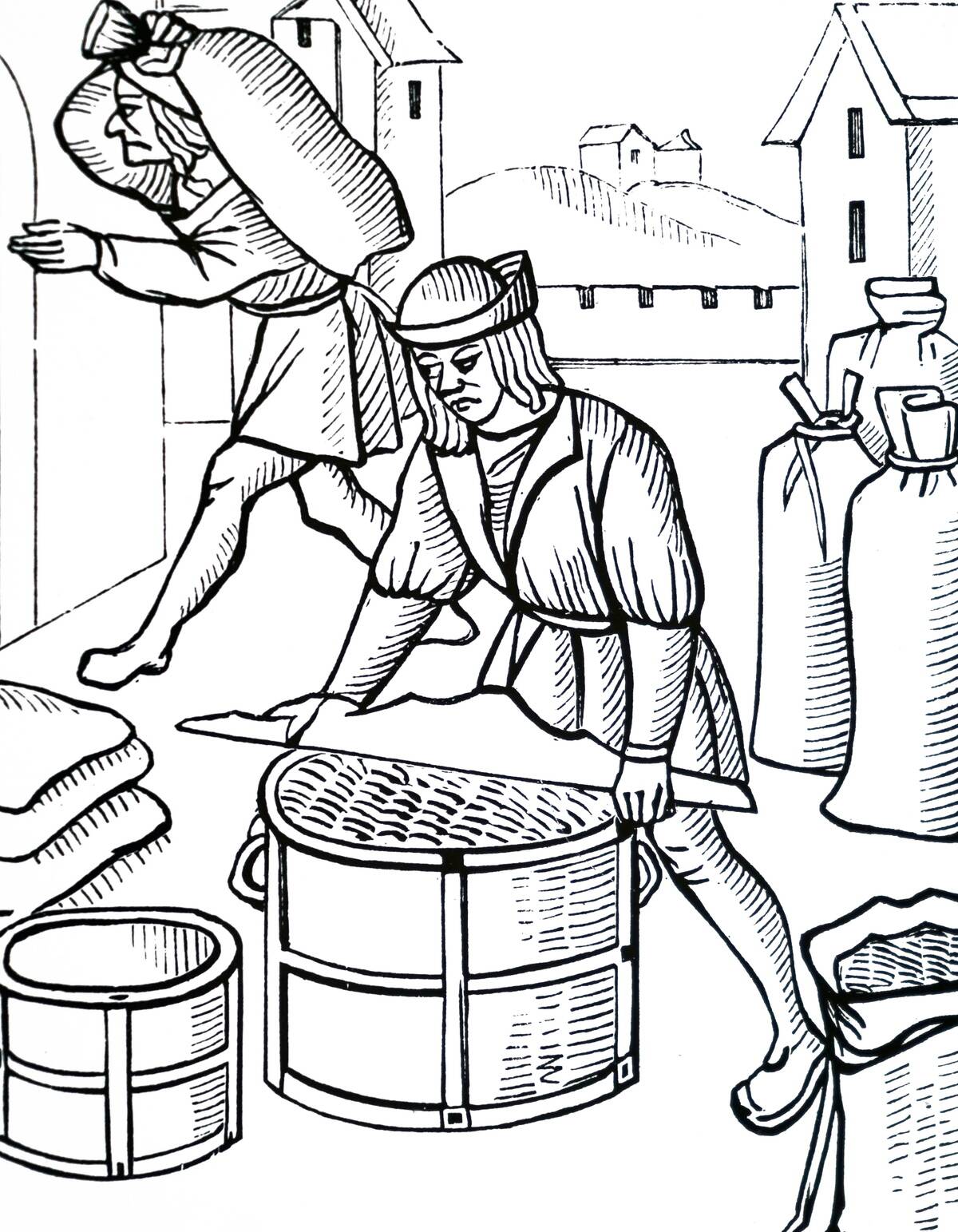 A man measuring corn.