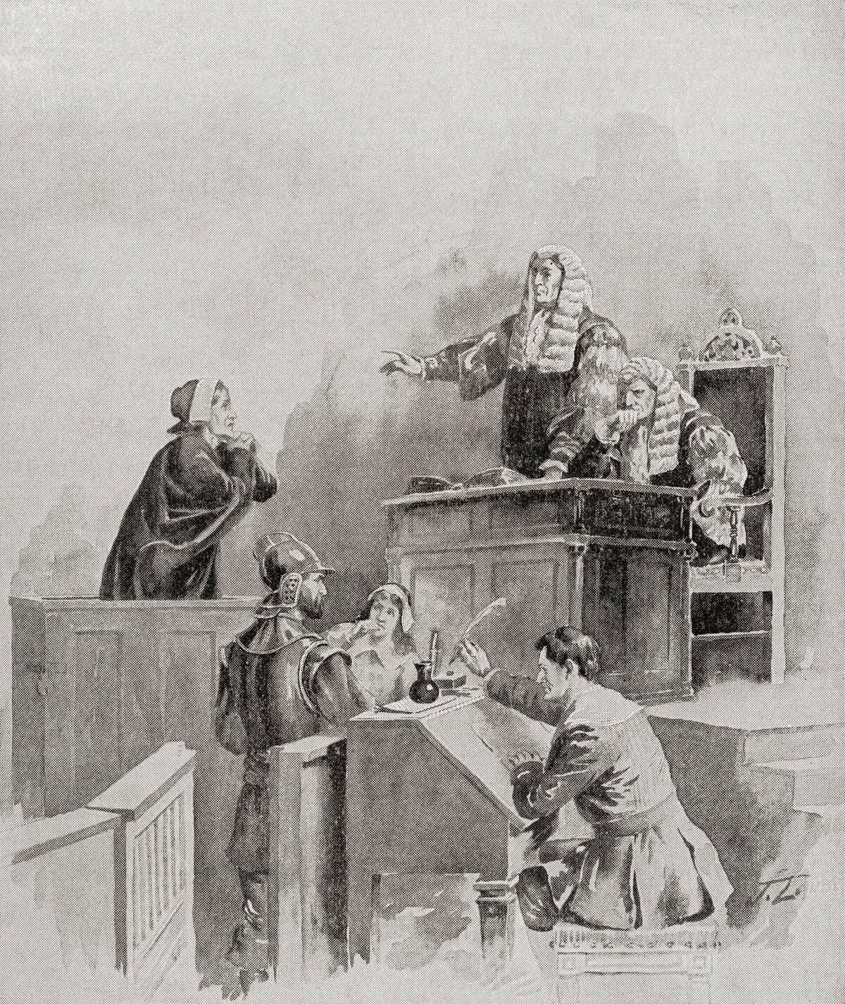 A scene in the courtroom during The Salem witch trials of 1692