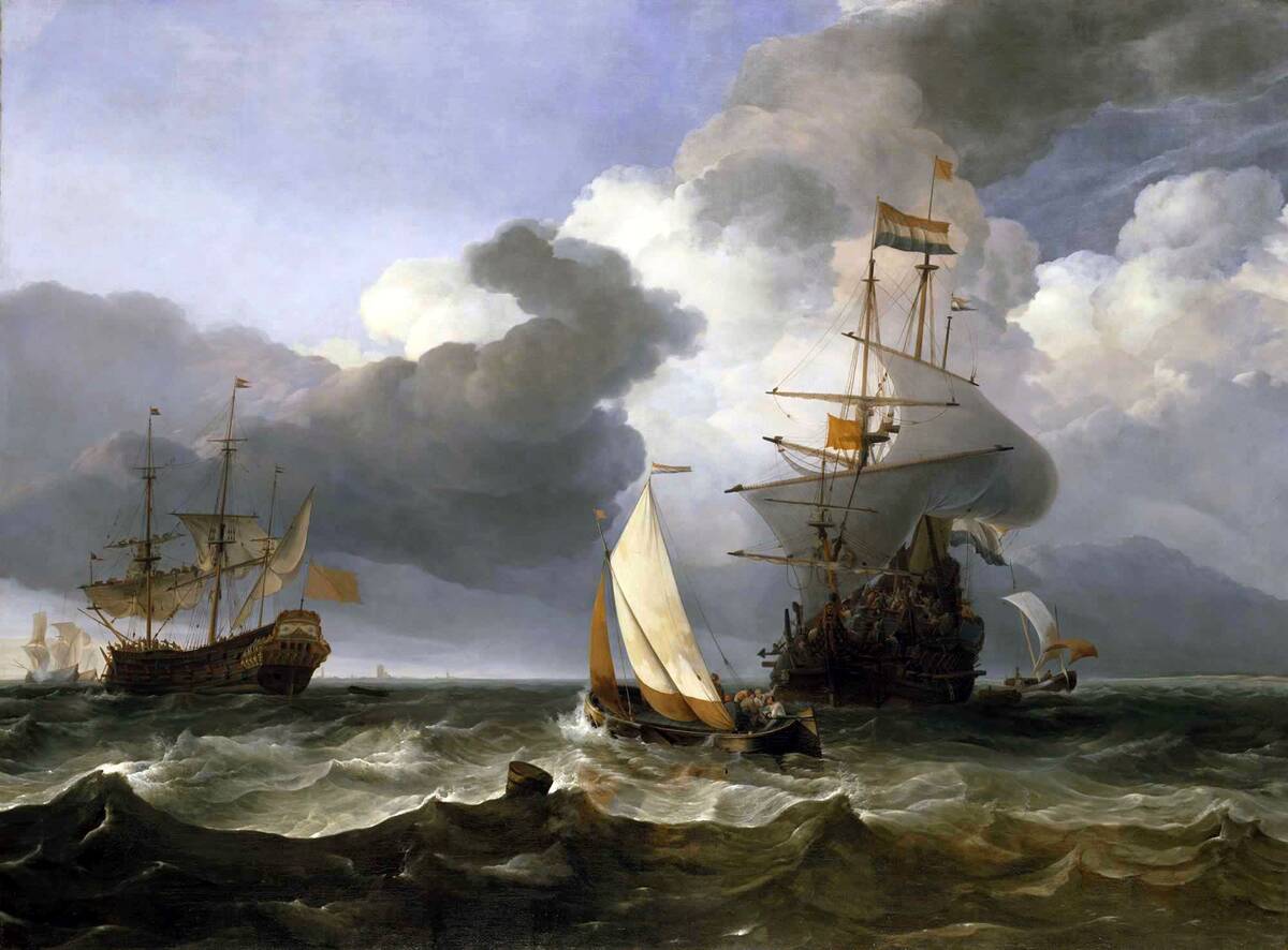 A Smalschip with Two Dutch East Indiamen Coming to Anchor.