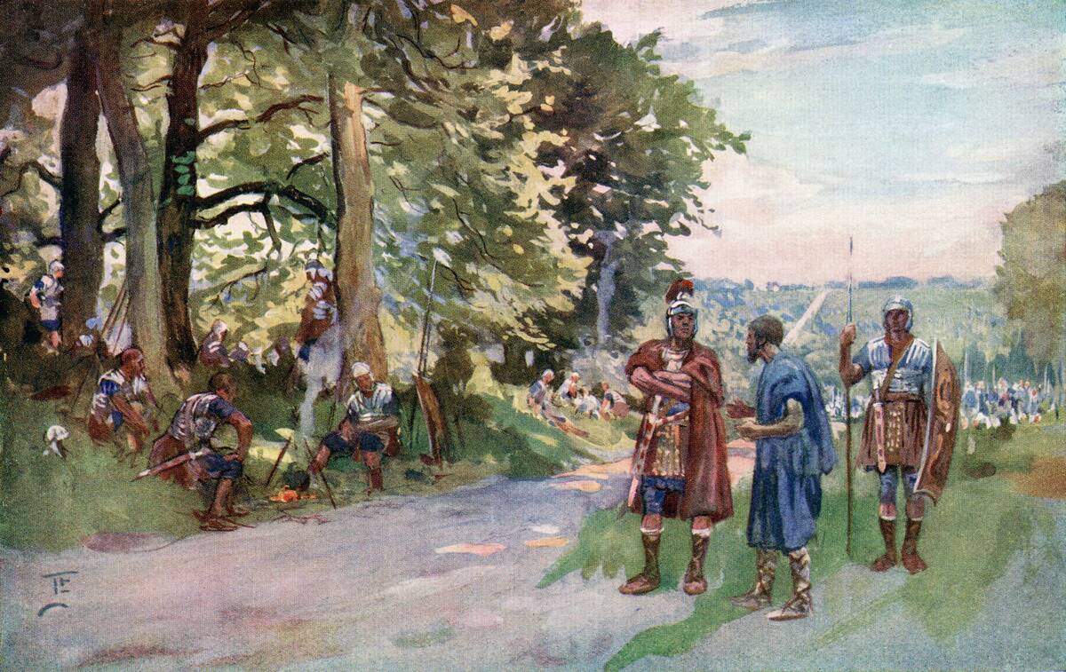 A wayside halt during a Roman Legion's march on the long straight Roman road near Old Sarum, England