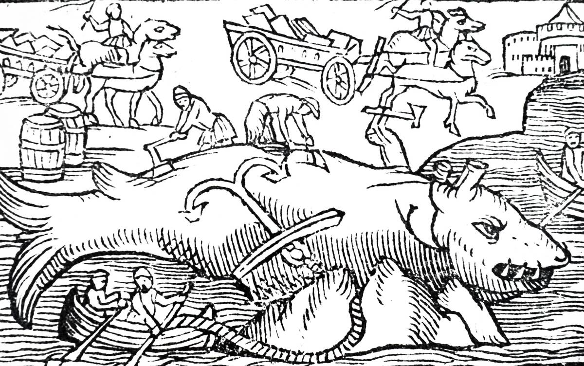 A woodcut engraving depicting whale hunters flensing a sperm whale