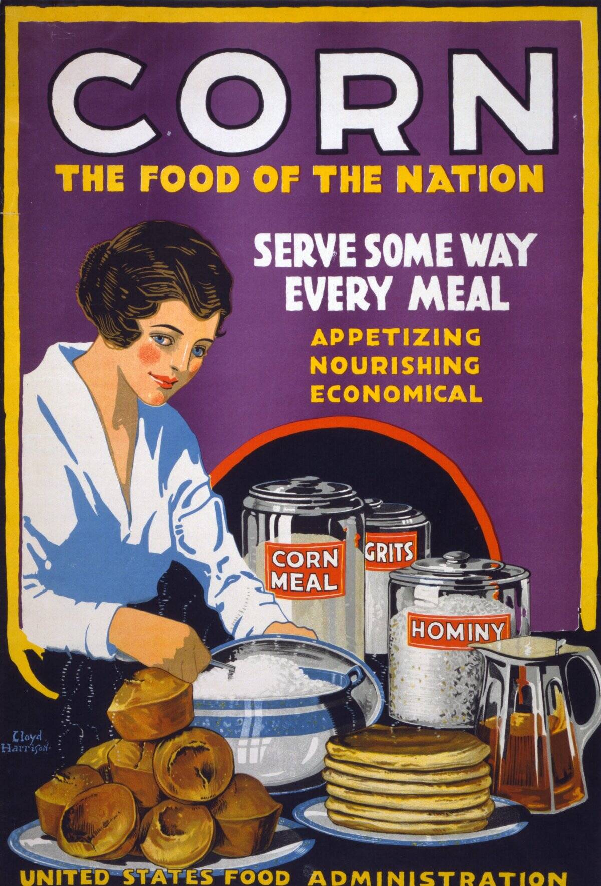 Advertising poster encouraging Americans to eat more corn.