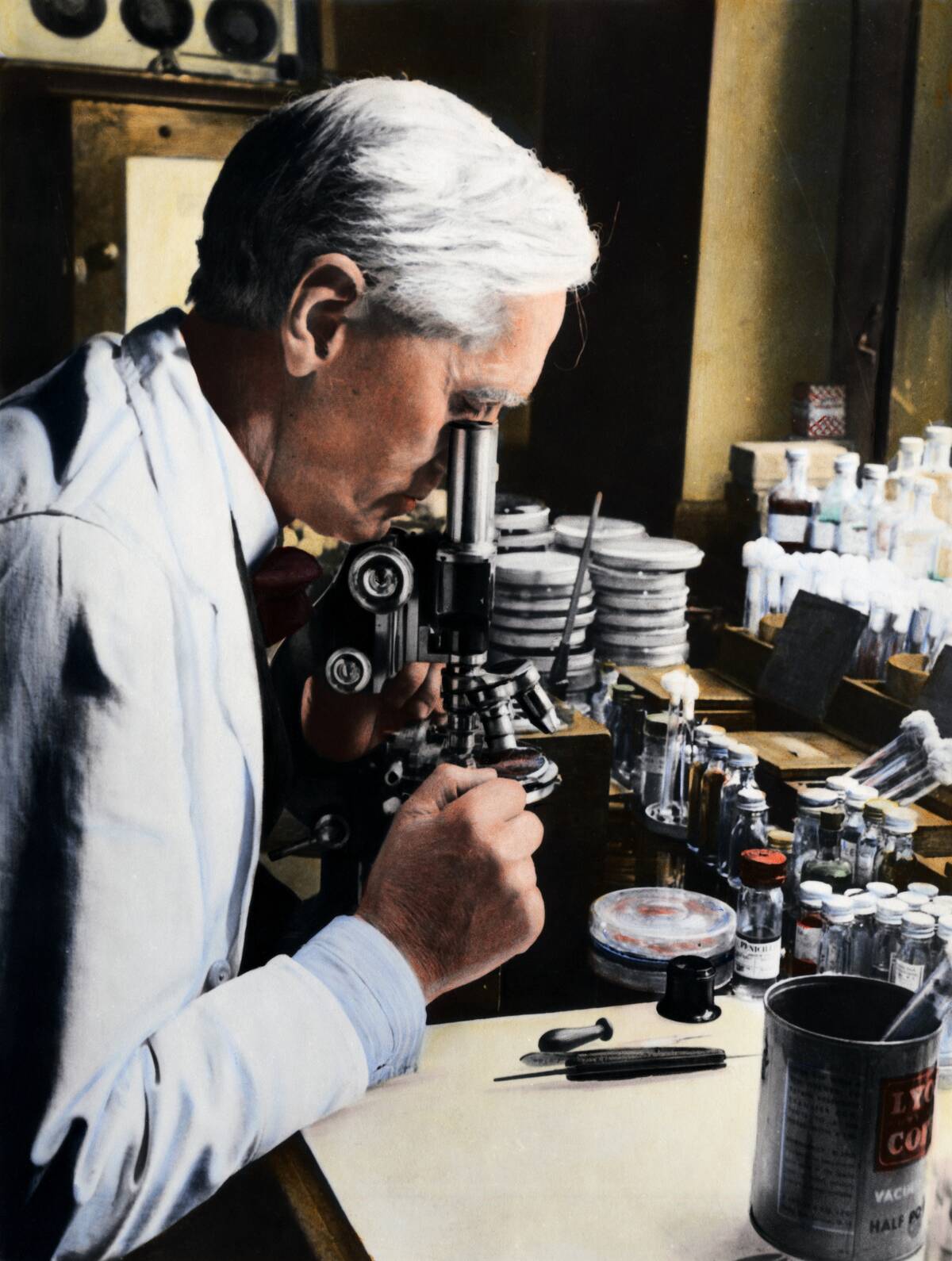 Alexander Fleming at Microscope