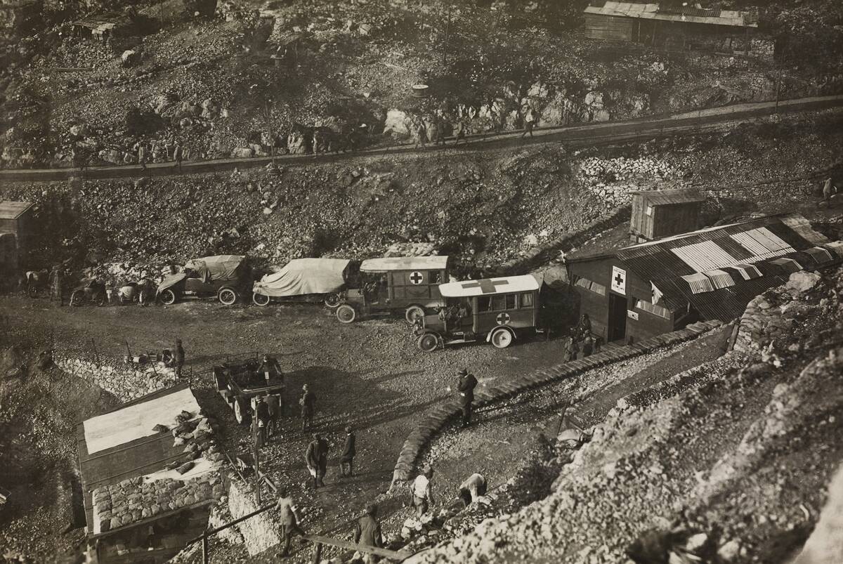 Ambulances in wounded triage on Karst