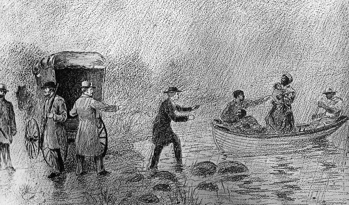 Amerika Sklaven: Station des Underground Railway, dem Fluchtweg schwarzer Sklaven über die Nordstaaten der USA nach Kanada: Sklaven werden in einem Boot über ein Gewässer gerudert