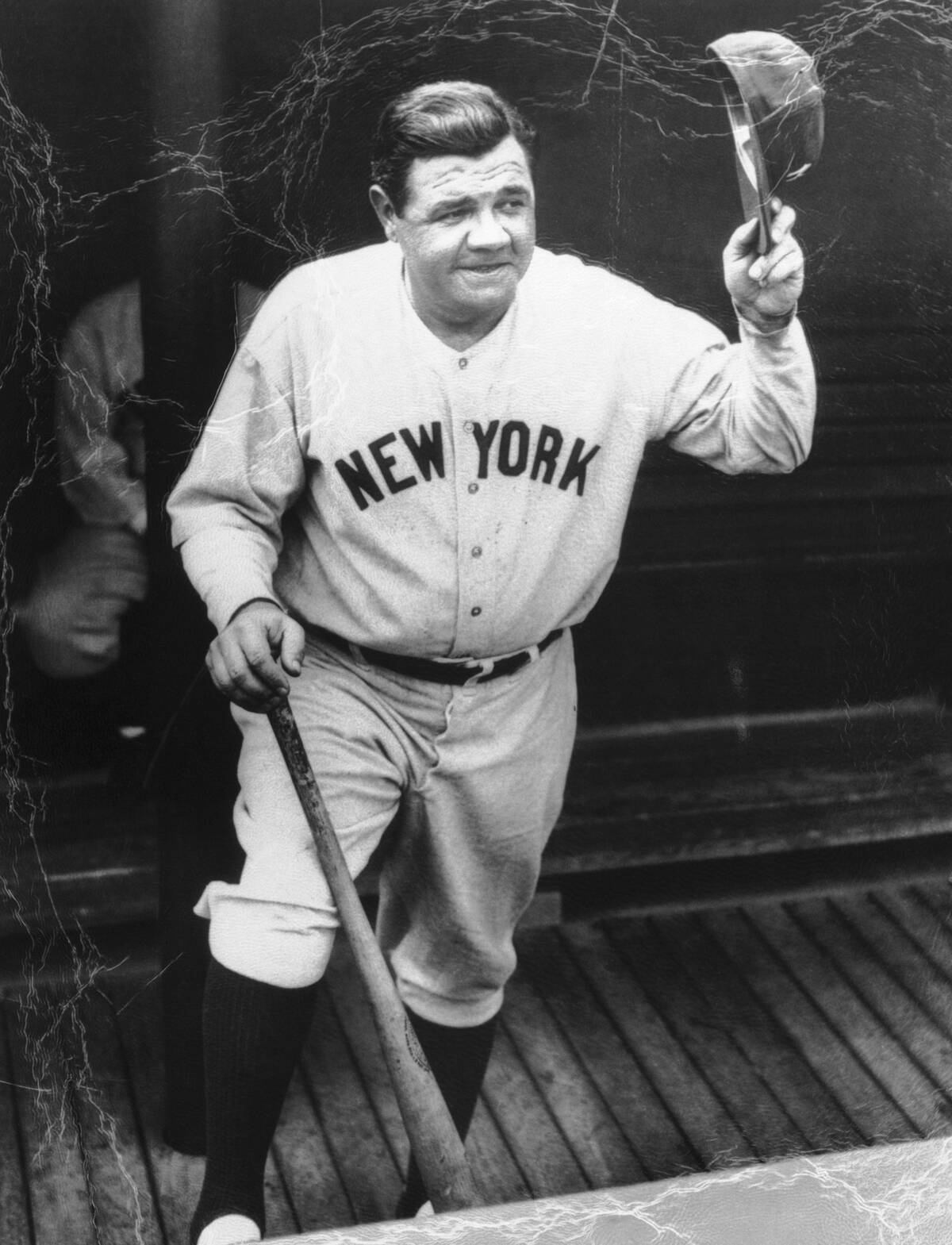 Babe Ruth Waving Hat in Dugout