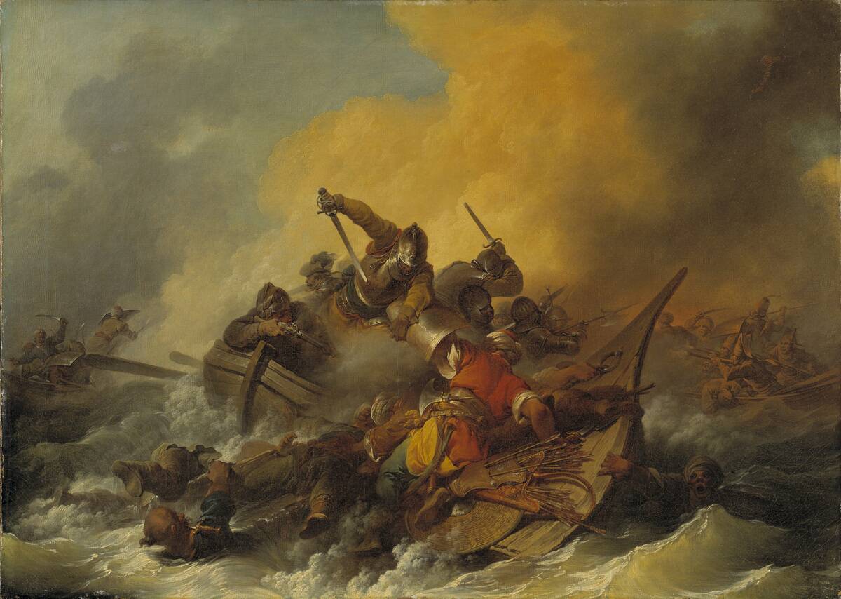 Battle At Sea Between Soldiers And Oriental Pirates