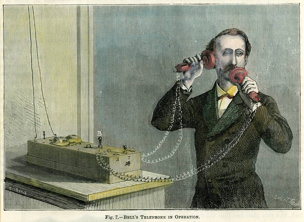 'Bell's telephone in operation', late 19th century.Artist: Gilbert