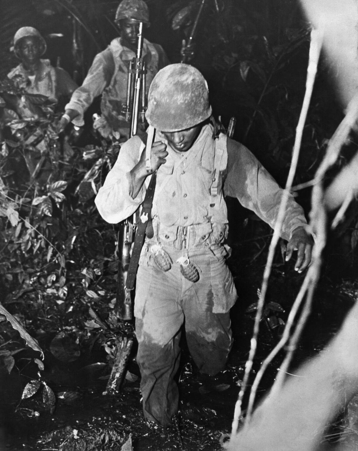 Black Troops Land In Jungle, Walk Thru