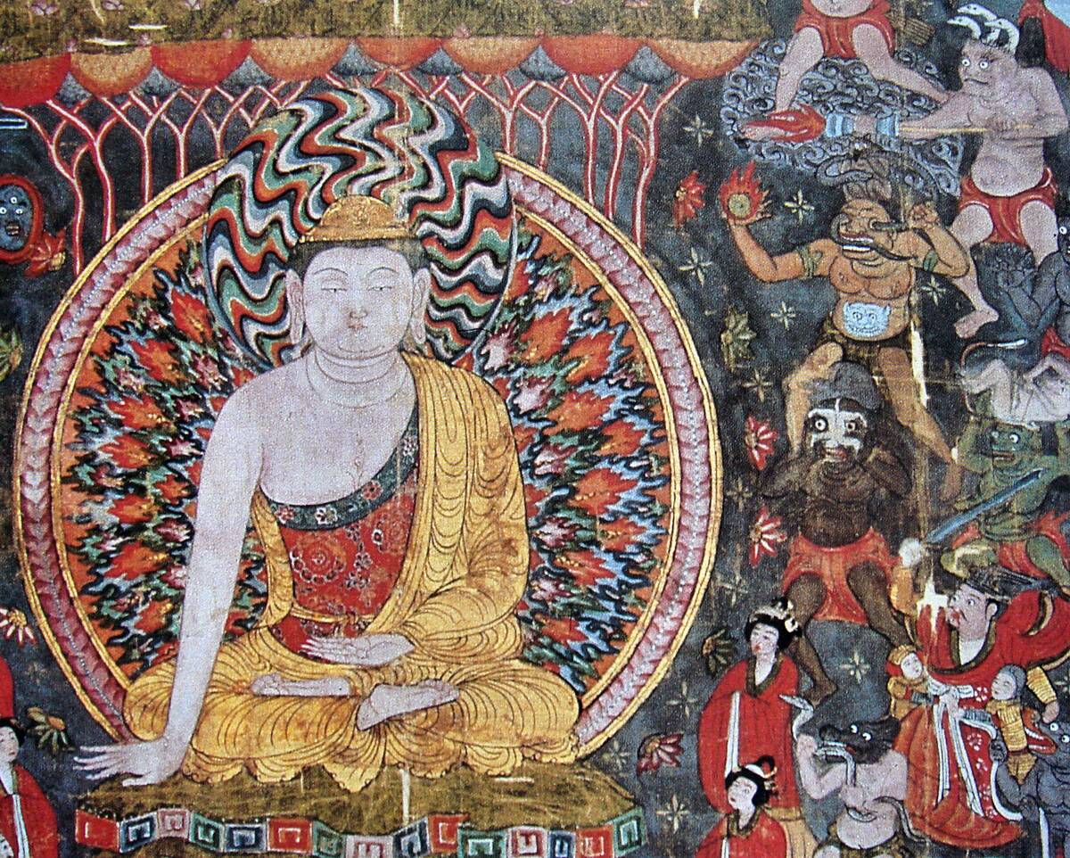 China: The earliest known depiction of firearms (fire lance and grenade) in a 10th century mural of the temptation of Buddha, Mogao Caves, Dunhuang.