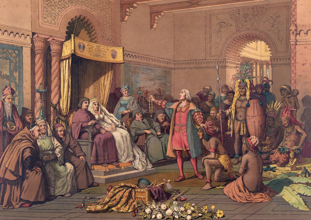Christopher Columbus in the Barcelona court of King Ferdinand and Queen Isabella of Spain in 1493 after returning from his first voyage to the New World. After an artwork of the 1890's.