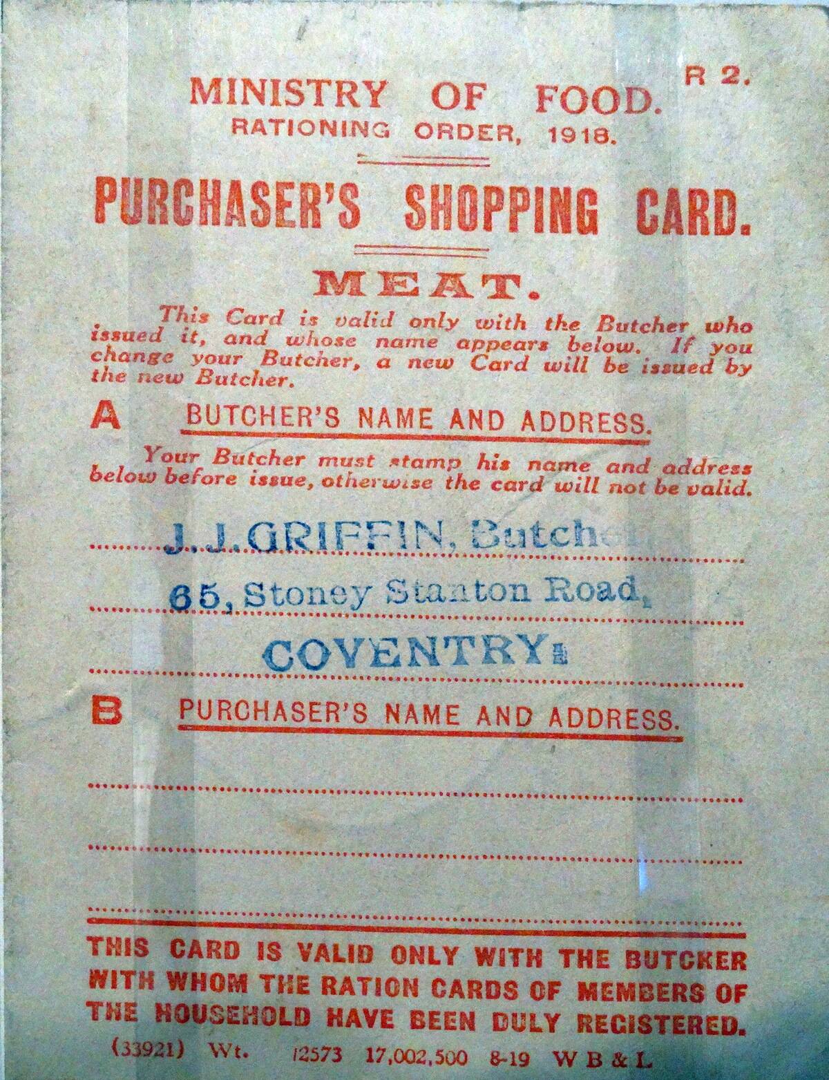 Copy of a World War One Rationing Card.