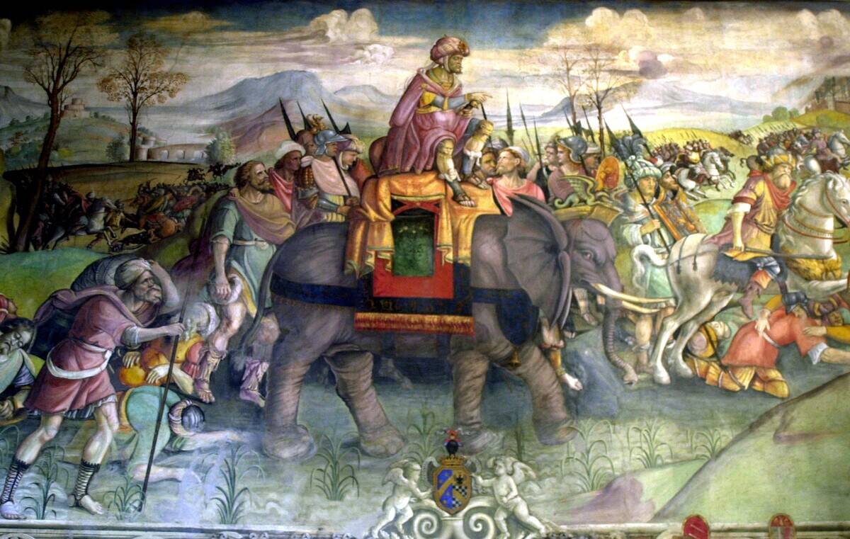 Detail of the fresco on Hannibal, Hannibal riding his elephant, Italy, Rome, Capitole museum.