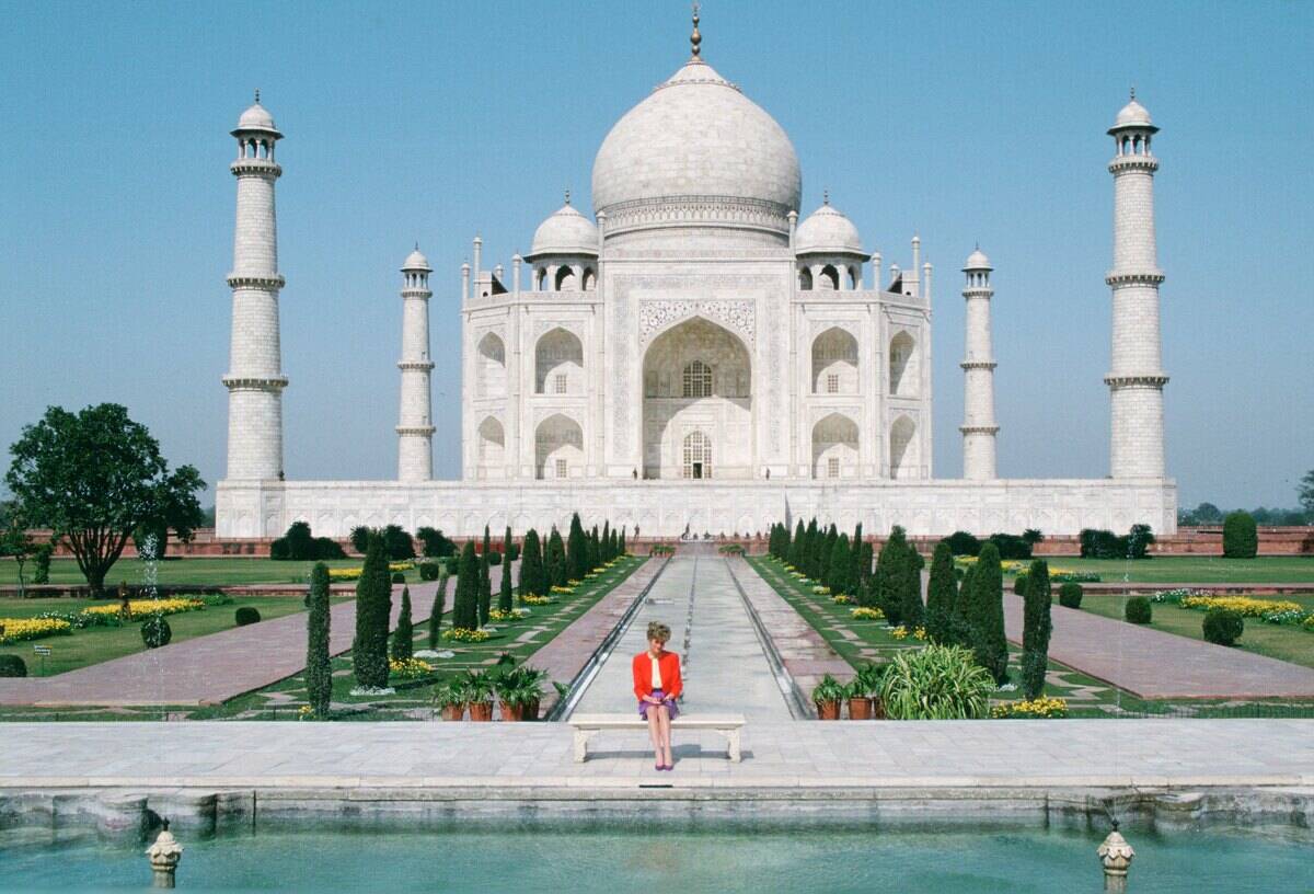 Diana Princess of Wales sits in front of the Taj Mahal durin