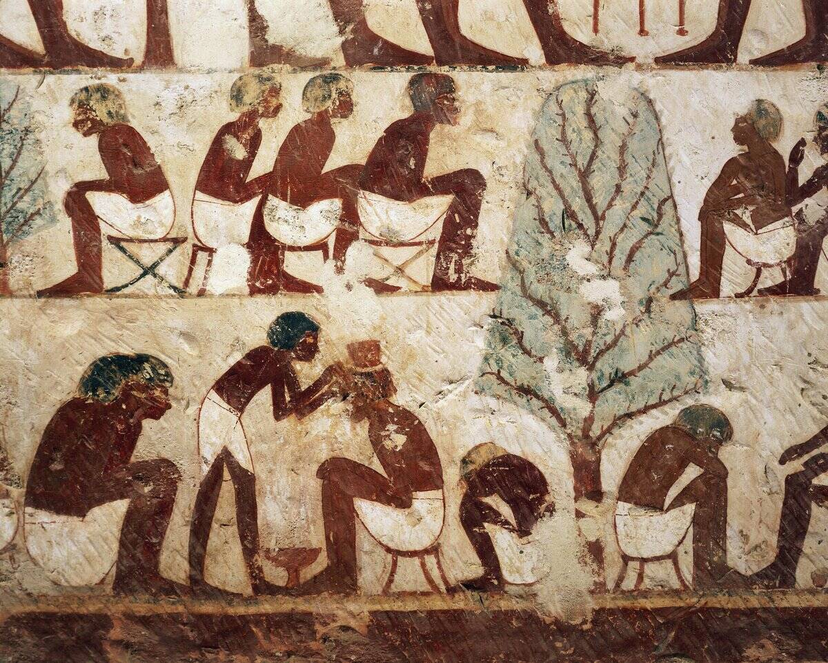 Egypt, Luxor, West Thebes, Sheik el Gurnak. Tomb of Usirhat, barber, details from fresco. (New Kingdom, Dynasty XVIII)
