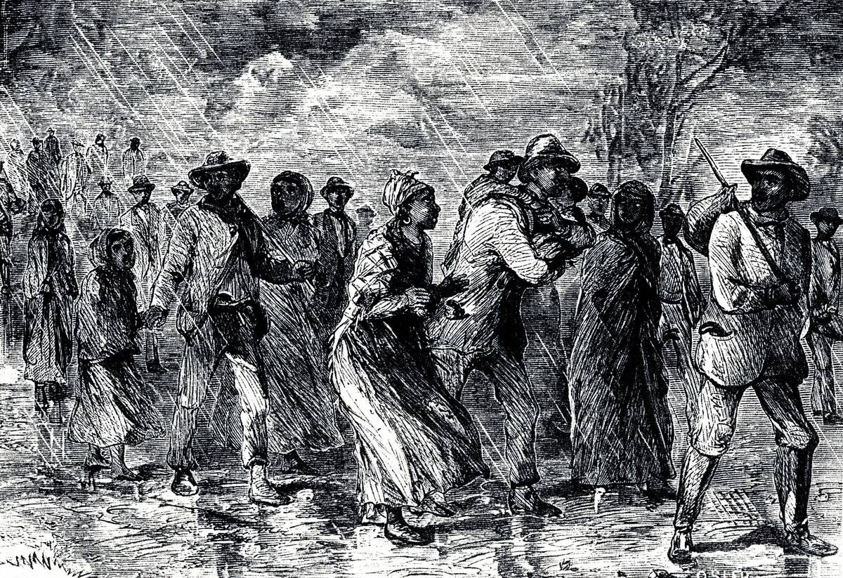 Fugitive slaves fleeing from Maryland to Delaware by way of the 'Underground Railroad', 1850-1851. Engraving.