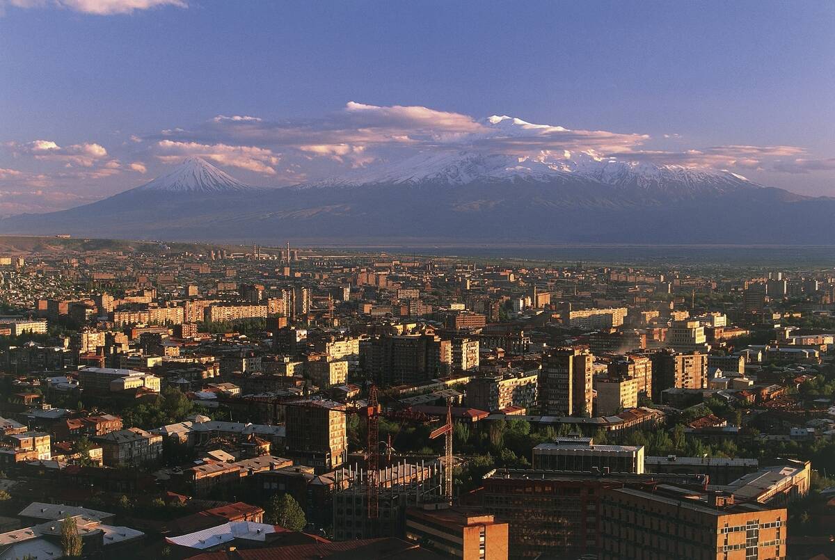 High angle view of a city with a mountain in the background, Mt Ararat, Yerevan, Armenia