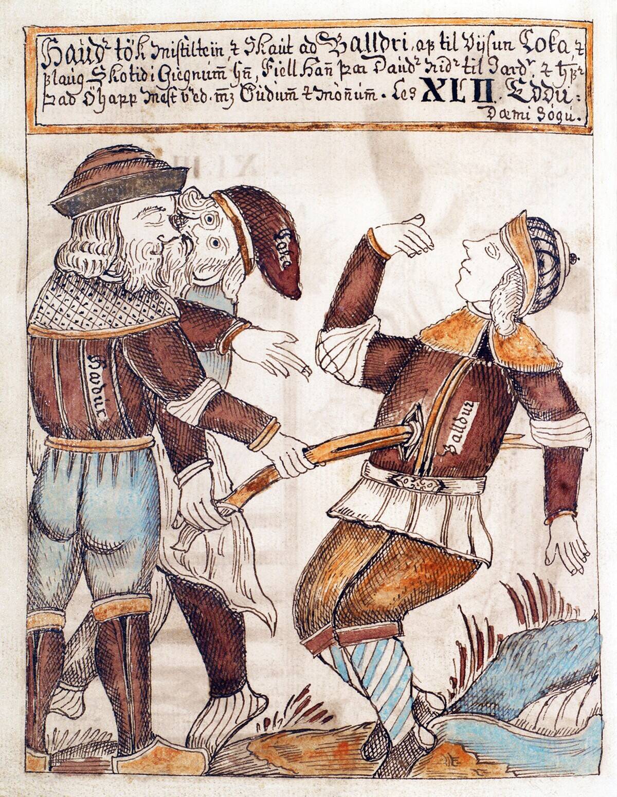 Iceland / Denmark: Loki and Hodr killing Baldr. Ink on paper, Jakob Sigurdsson (1727-1779), 1760. Kongelige Bibliotek, Copenhagen