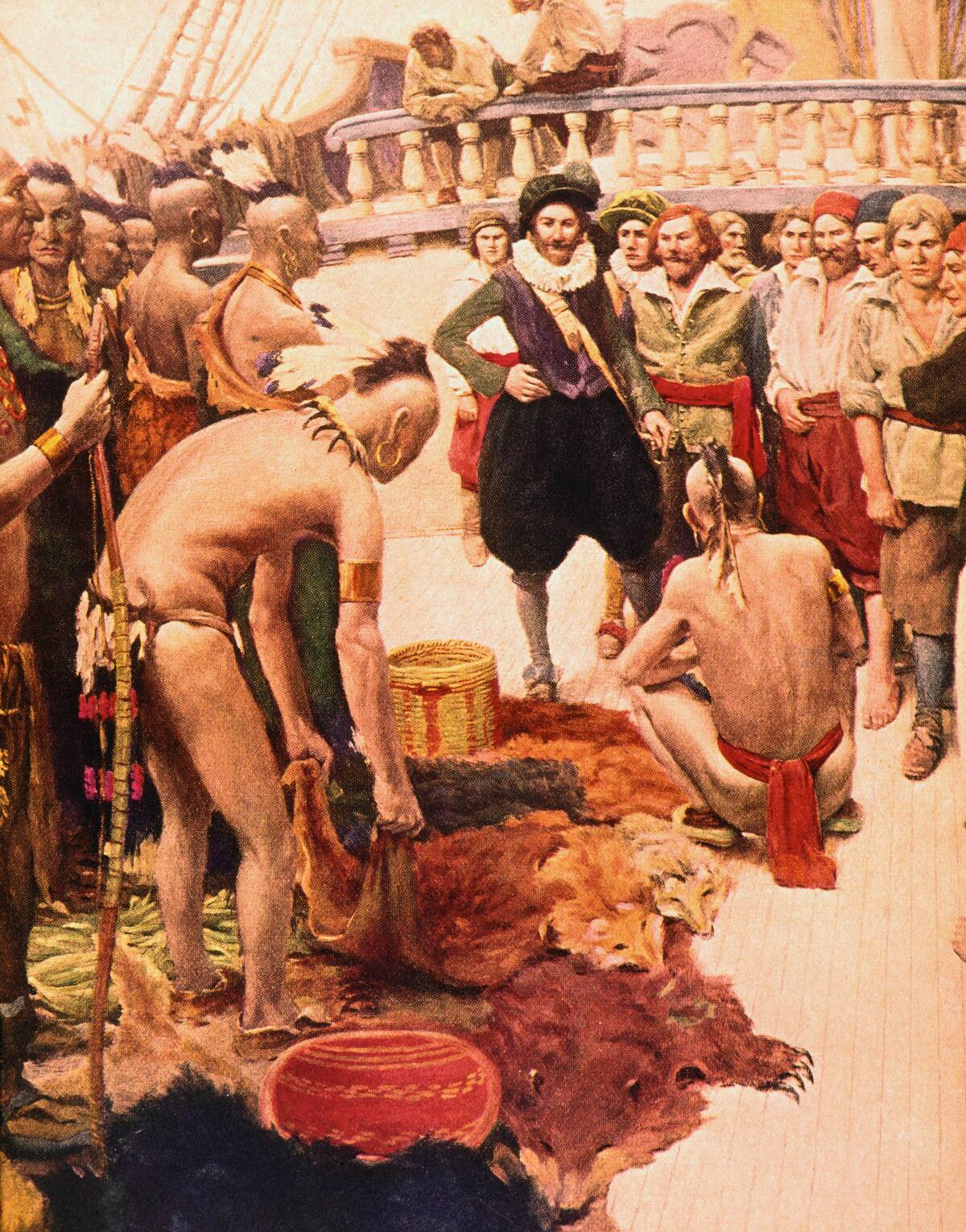 Illustration of Henry Hudson Trading Furs with Native Americans