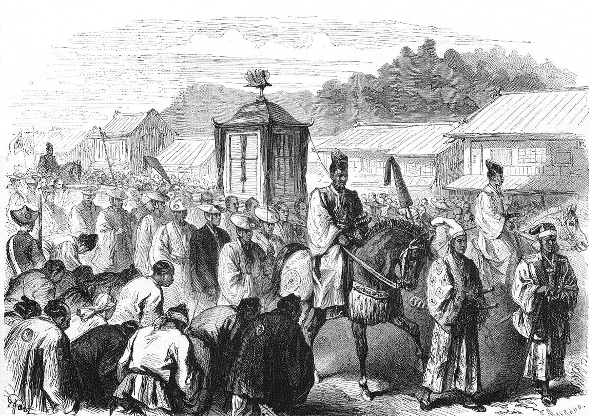 Japan: Emperor Meiji symbolically moving from Kyoto to Tokyo, marking the Meiji Restoration and the transfer of the imperial capital in 1868, Le Monde Illustre, 20 February 1869