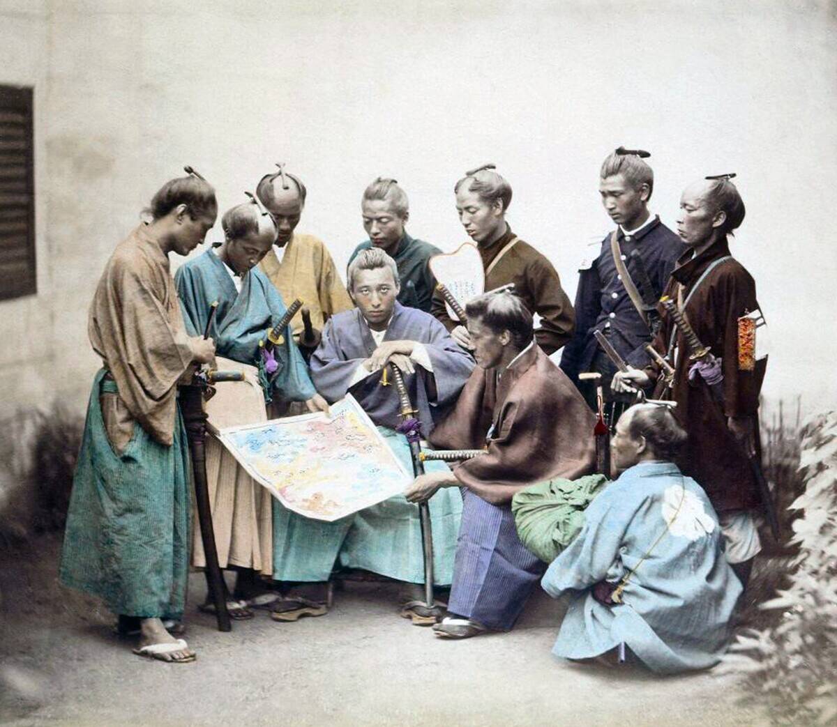 Japan: Samurai of the Satsuma domain, fighting for the Meiji during the Boshin War (1868-1869). Photograph by Felice Beato..