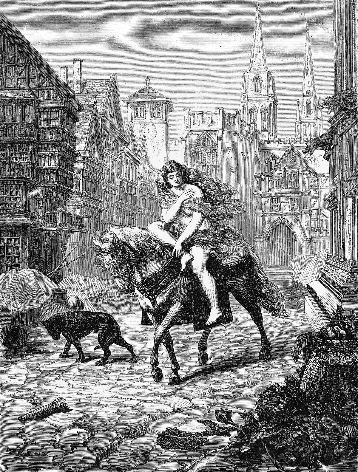Lady Godiva (11th century)., Wife of Leofric, Earl of Mercia. Anglo-Saxon, gentlewoman, patron of the arts, equestrienne, and tax protester. Wood engraving, American, 1866.