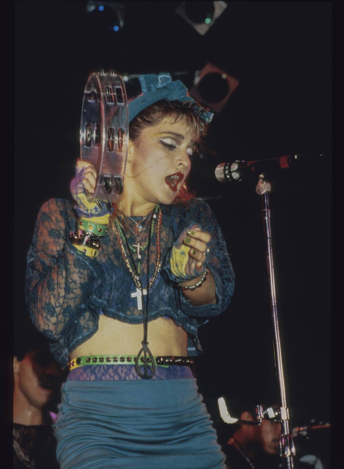 Madonna on stage for her 1985 Virgin Tour.