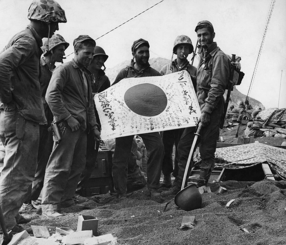Marines Pose With Japanese Flag and Samurai Sword