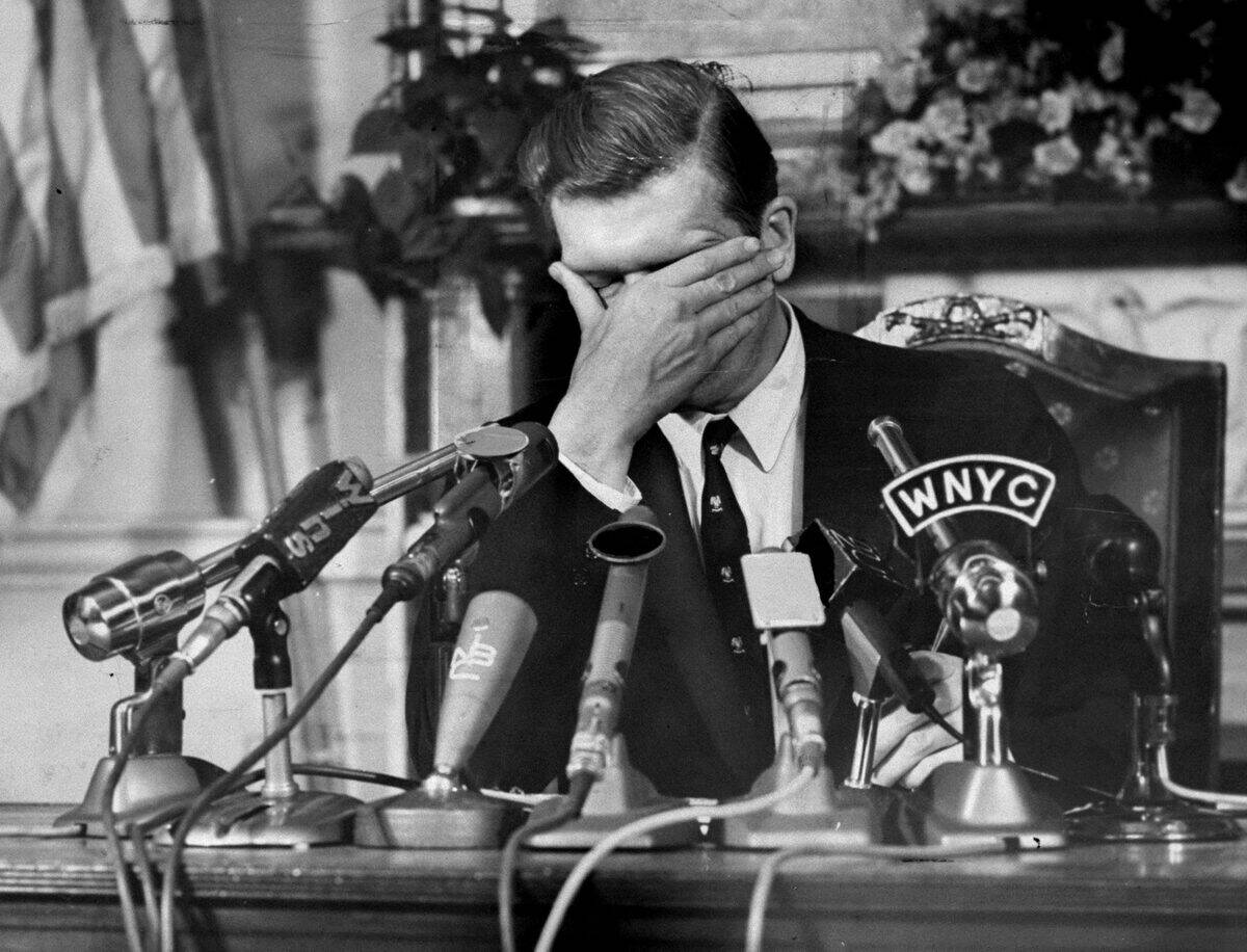 Mayor John Lindsay grows weary duing a press conference on t