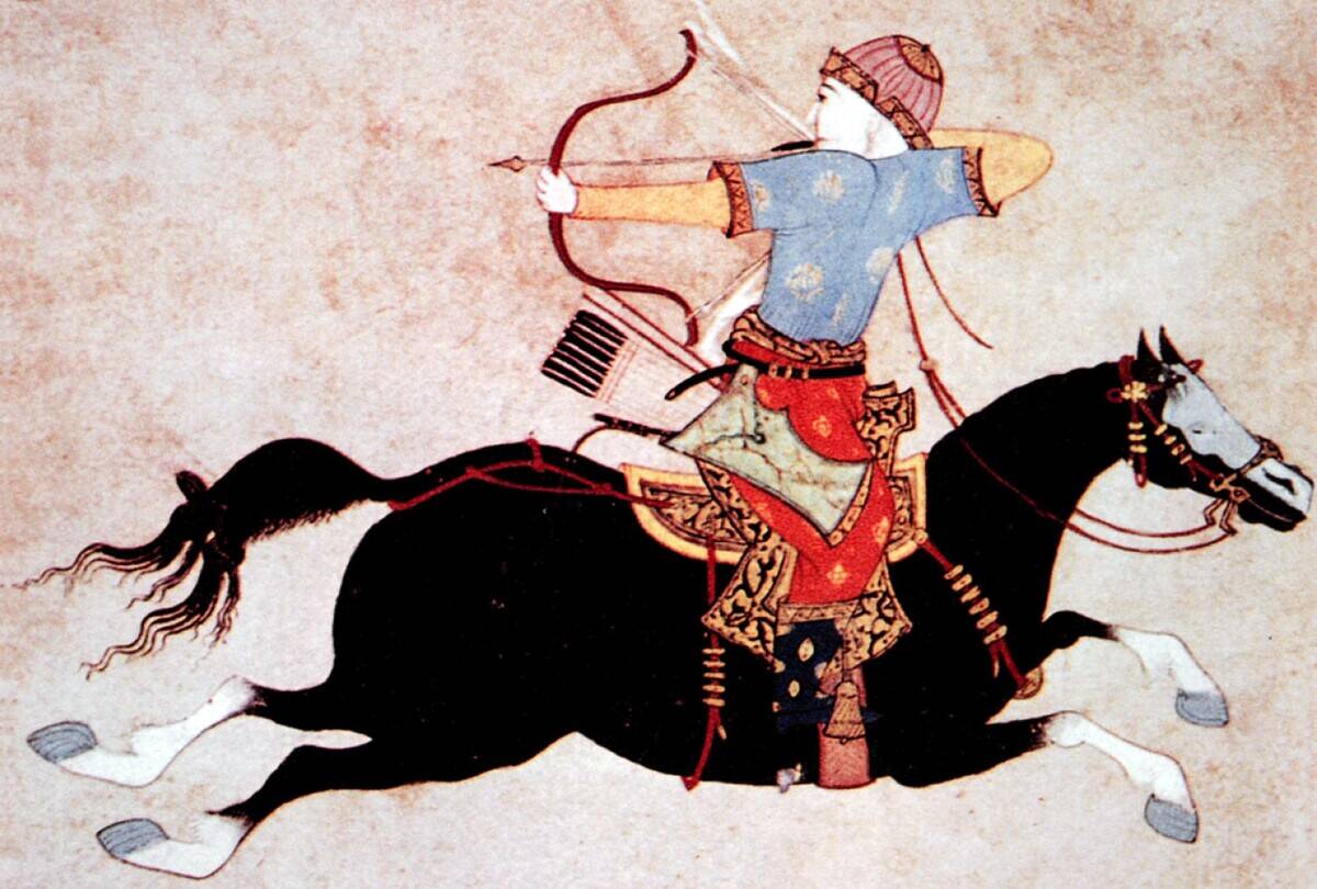 Mongolia-China: A Mongol horseman with a composite bow, c. 13th century