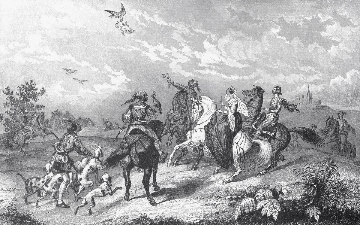 Noblemen And Women Hawking During A Hunt