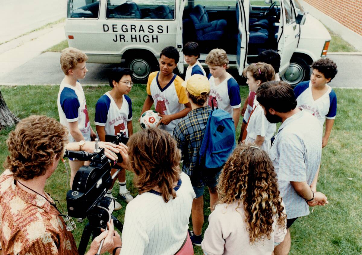 Playing with Time: Cast and crew gather on the set of Degrassi Junior High; a new 13-episode childre
