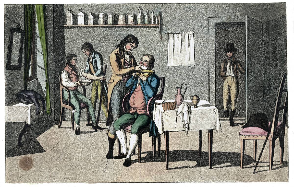 Professions: Barber And Barber-Surgeon. From: Gallerie Der Vorzüglichsten Künste. Zürich Leipzig. Colored Lithograph. 1820.
