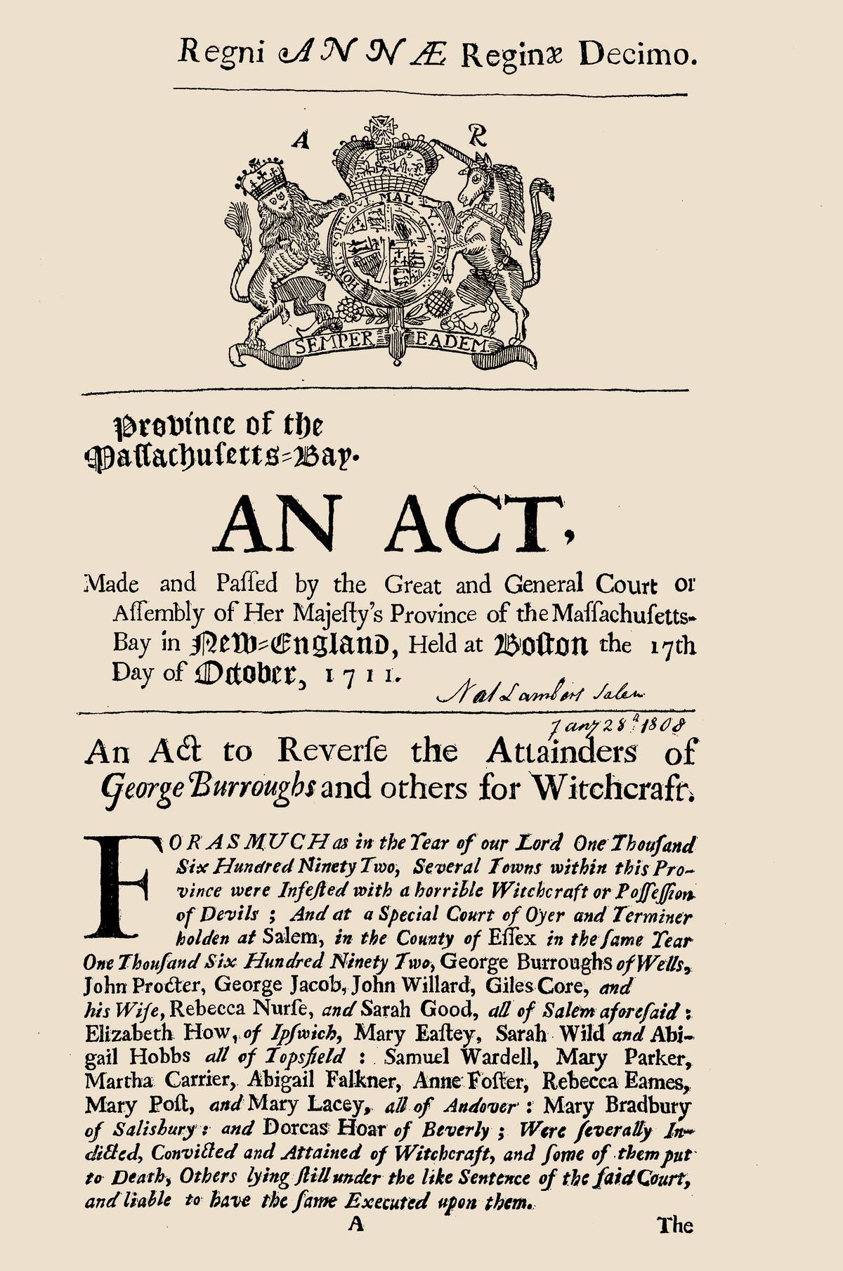 Regni Annae Reginae Decimo. The 1711 Act Of The Massachusetts Legislature To Reverse The...