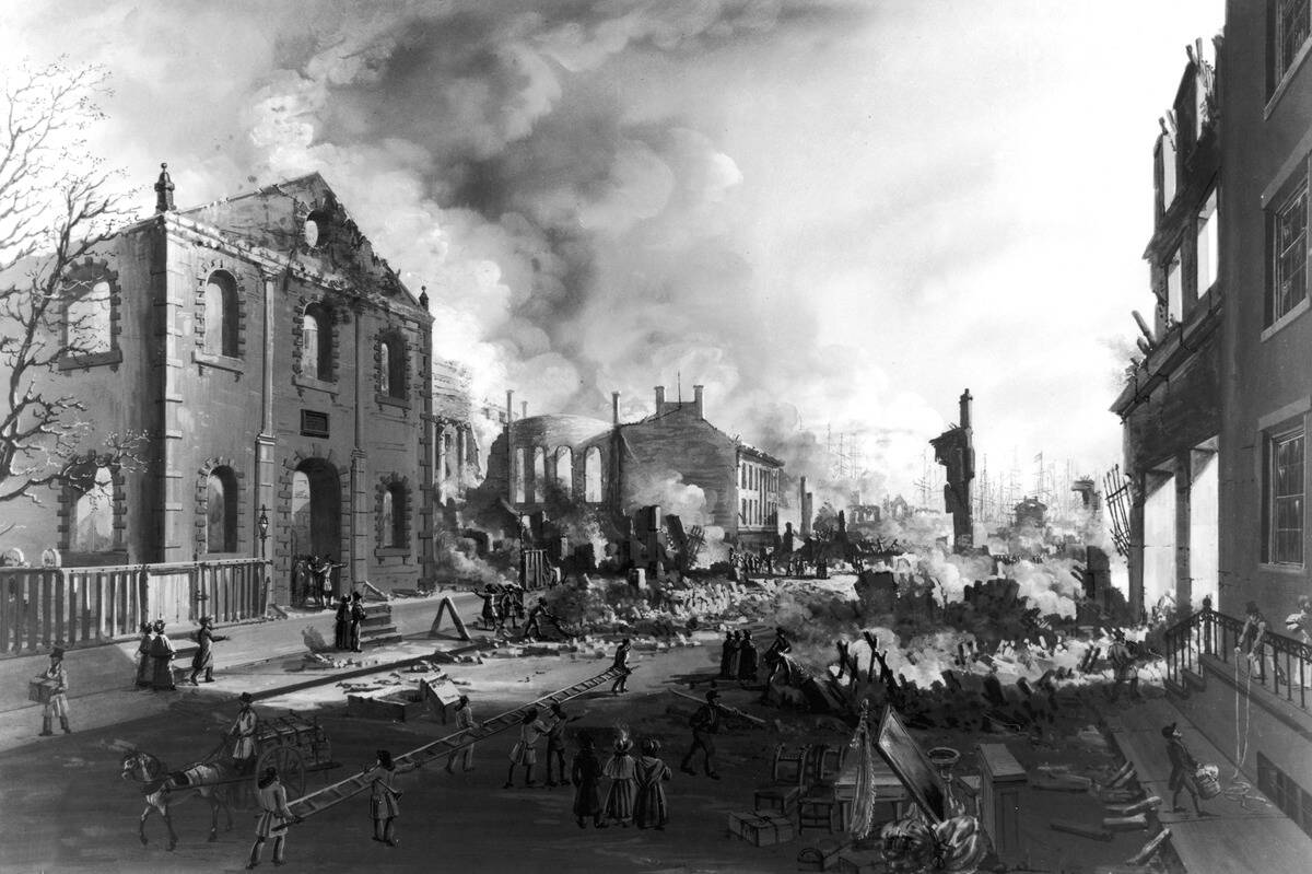 Ruins after the Great Fire of 1835, as seen from Exchange Place, NYC.