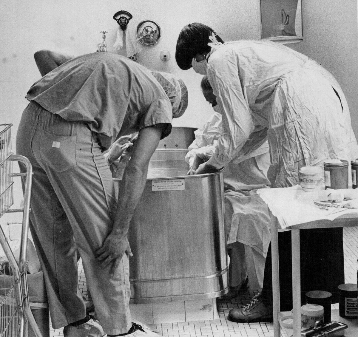 SEP 2 1976, SEP 15 1976, SEP 19 1976; Juan Salazar is screaming in debridement tub as two nurses and
