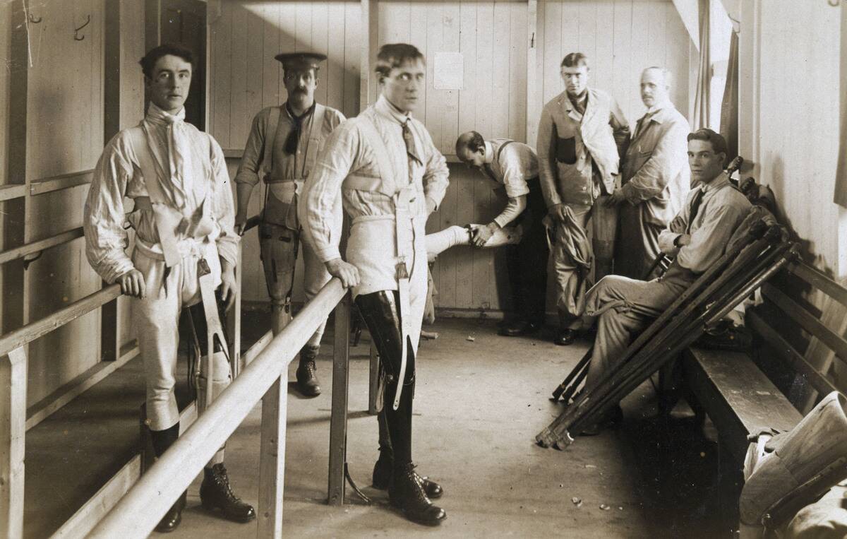 Soldiers wearing artificial legs, c 1915-1918.