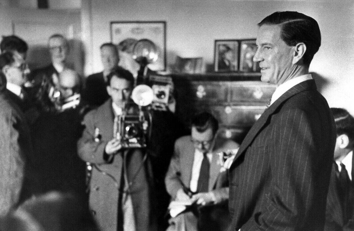 Soviet Spy Kim Philby holds a press conference after being cleared of spying by the Foreign Office October 1955