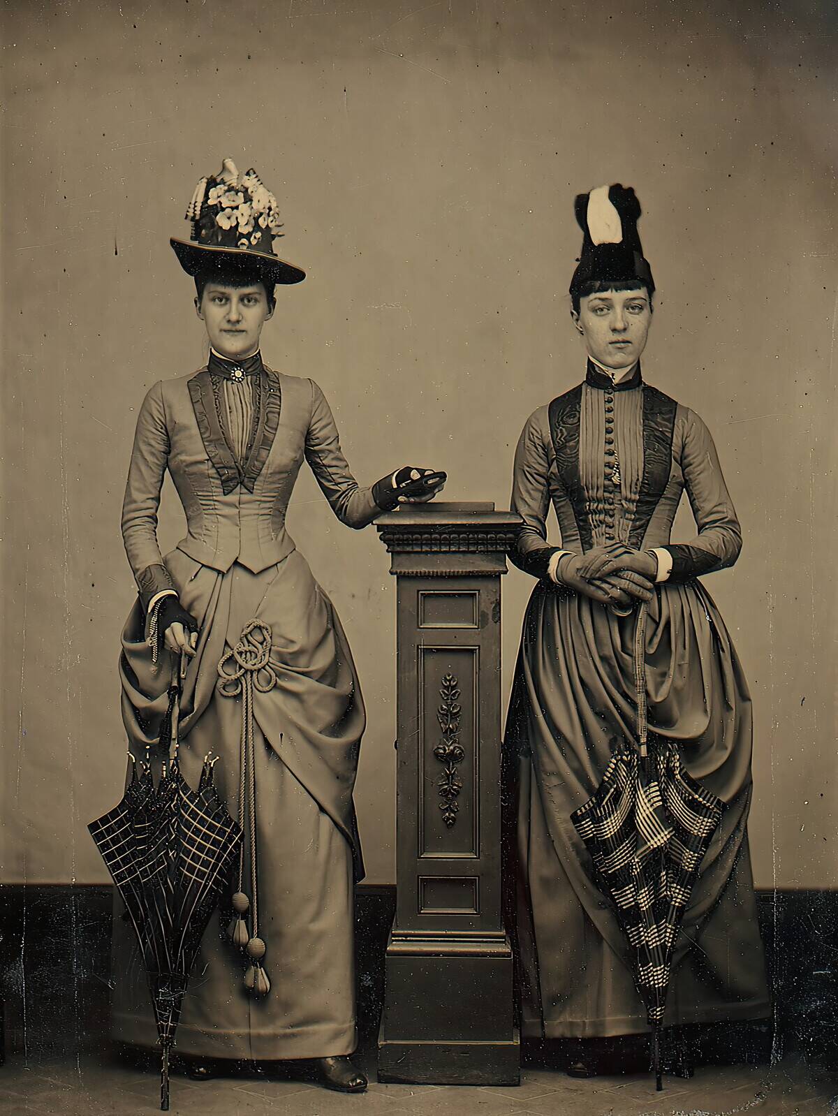 Studio Portrait Of Two Women Holding Folded Parasols