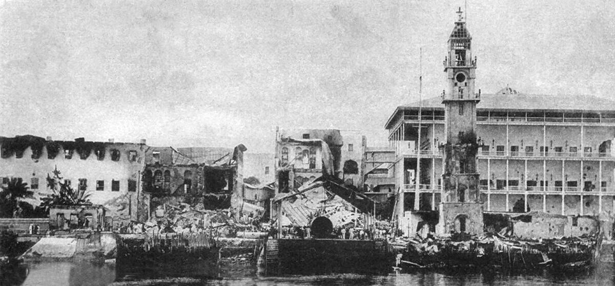 Tanzania / Zanzibar: The Sultan's Palace after the bombardment of 27 August, ending the Anglo-Zanzibar War of 1896.