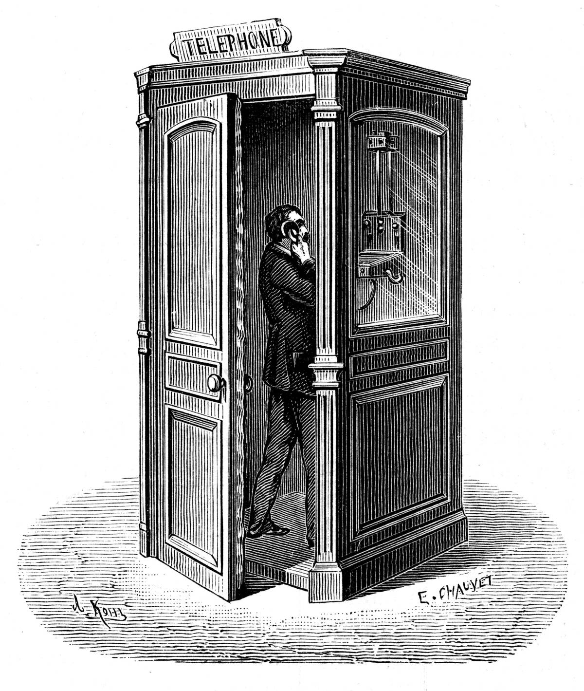 Telephone call box. Engraving published Paris 1888...