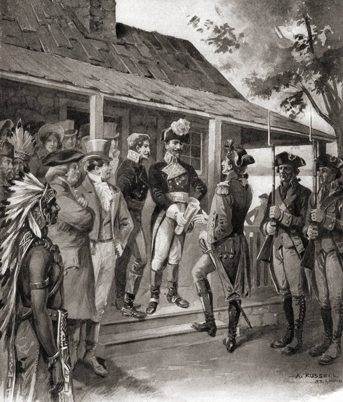 The formal transfer of ownership of Upper Louisiana from Spain to the French First Republic, and then from France to the United States, March 10, 1804