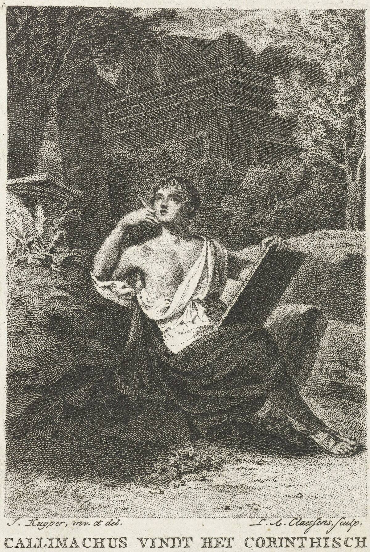 The Greek poet Callimachus sits in a garden gazing ahead. According to the caption